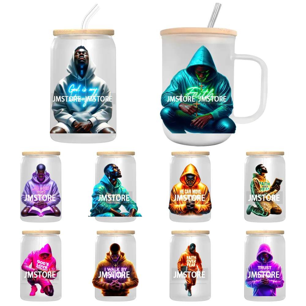 Afro Man Praying Jesus Faith Warrior UV DTF Cup Decals Ready To Apply High Quality Stickers For Libbey Cold Cups Mugs Bottle
