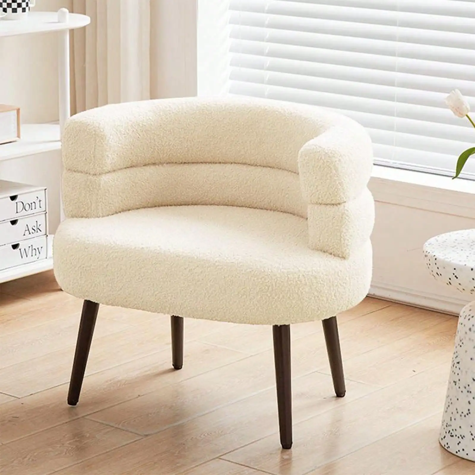 White Upholstered Makeup Chair With Back For Women, Cozy Lambswool Accent Chair For Vanity Table, Living Room, Study Or Bedroom