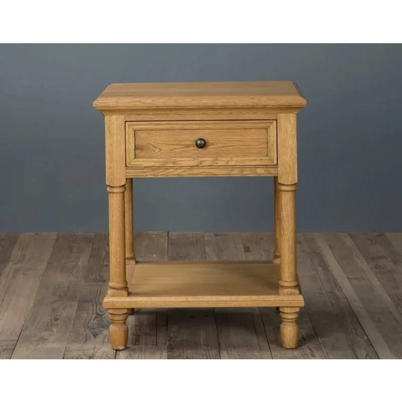 Mesita de Noche Abierta Hecha a Mano en Madera de Roble Macizo, Diseño Tradicional, Mueble de Dormitorio con Acero Inoxidable y Panel de MDF para Uso Doméstico