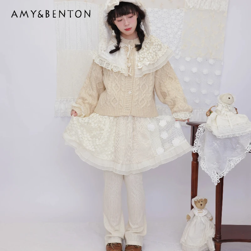 

Women's Knitted Pants Retro Design New Crochet Lace Splicing Elastic Culottes Sweet Cool Age-reducing Versatile Trousers Ladies