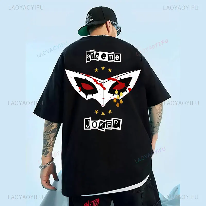 Persona 5 joker anime dos desenhos animados gaming camiseta legal menino high street gráfico unisex camisetas de algodão dois lados impressão topos ro