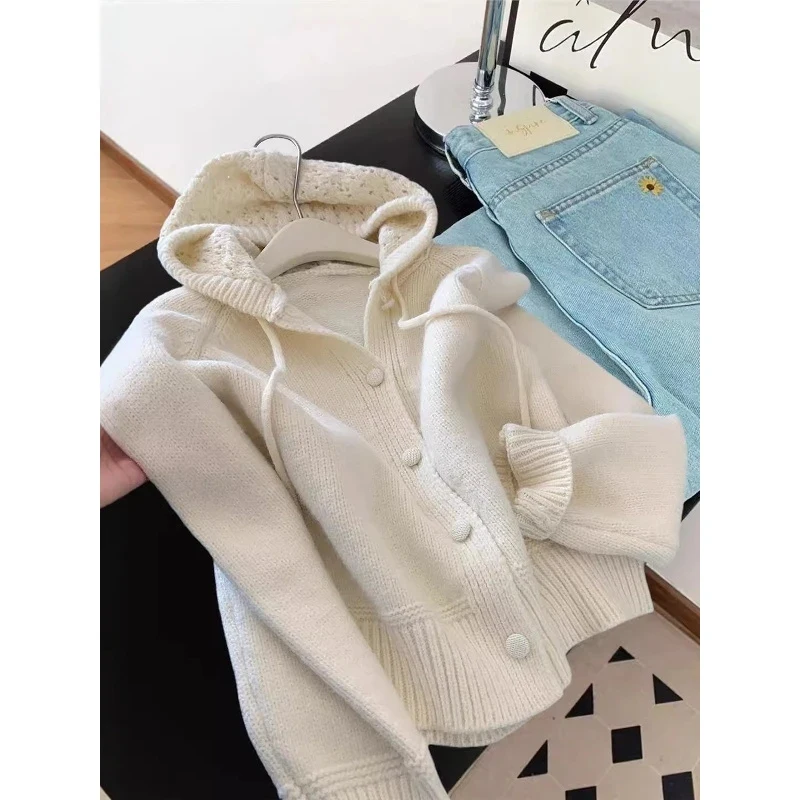 

Retro Knitted Open Cardigan Women's Soft Cozy Hooded Sweater Autumn Winter New Sle Pure Color Outerwear Dstring Fem F...