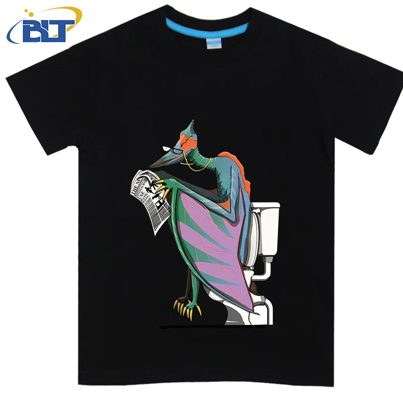 Dinosaur Pterodactyl on the Toilet printed kids T-shirt summer cotton short-sleeved casual top suitable for both boys and girls