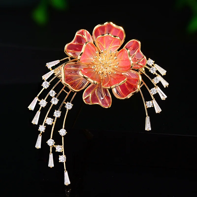 

New Vintage Purple and Red Peonies Brooches High-end Zirconia Elegant Enamel Painted Flower Corsage Suit Jacket Accessories Pin