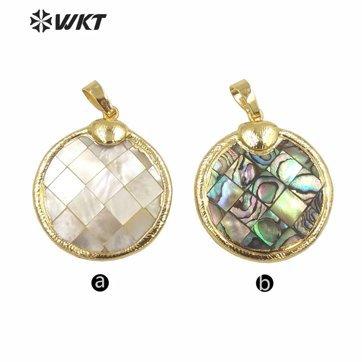 WT-JP351 Latest Lovely And Cute Round Shape Pineapple Grain Yellow Brass Mop Shell Decorative Can Make Of Necklace Pendant