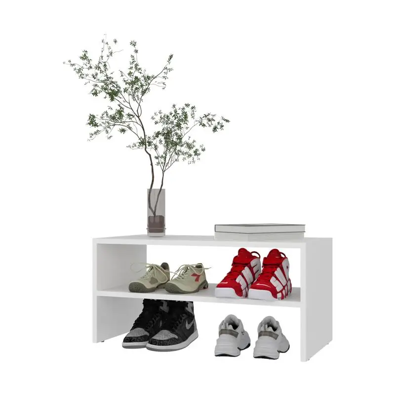 Scarpiera indipendente, 2 ripiani aperti, design basso orizzontale per camera da letto, unità di archiviazione di colore bianco