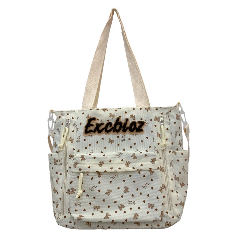 

College-style corduroy tote bag for female students, large-capacity handbag for tutoring classes, versatile shoulder bag and cro