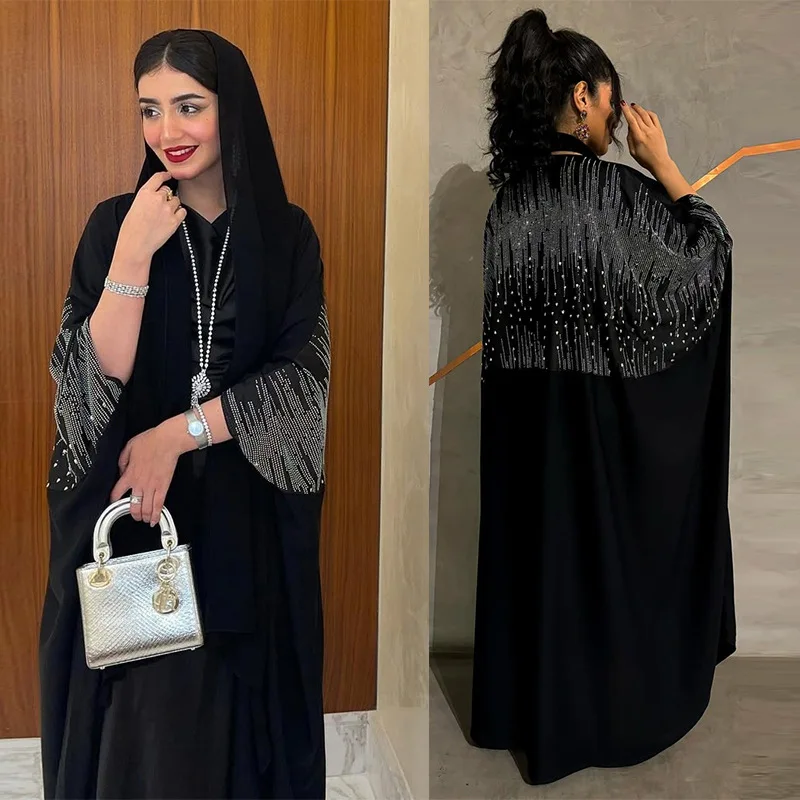 Muslim Women Dubai Rhinestone Abaya Robe Open Front V Neck Matte Fabric Wedding Modest Dress
