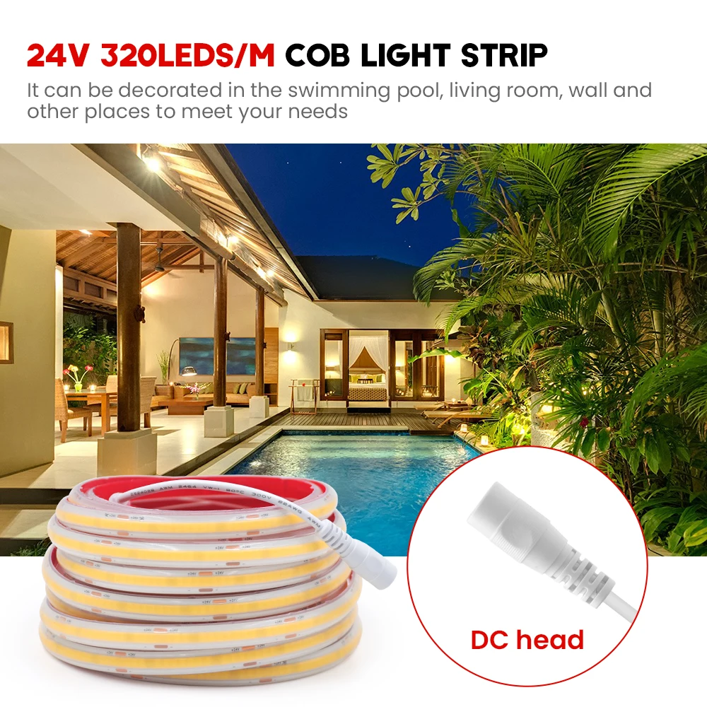 DC 12V 24V COB Strip IP68 Waterproof 1M 5M 10M 20M 320Leds/M 3000K 4000K 6000K Home Decor Flexible Ribbon Rope LED Light