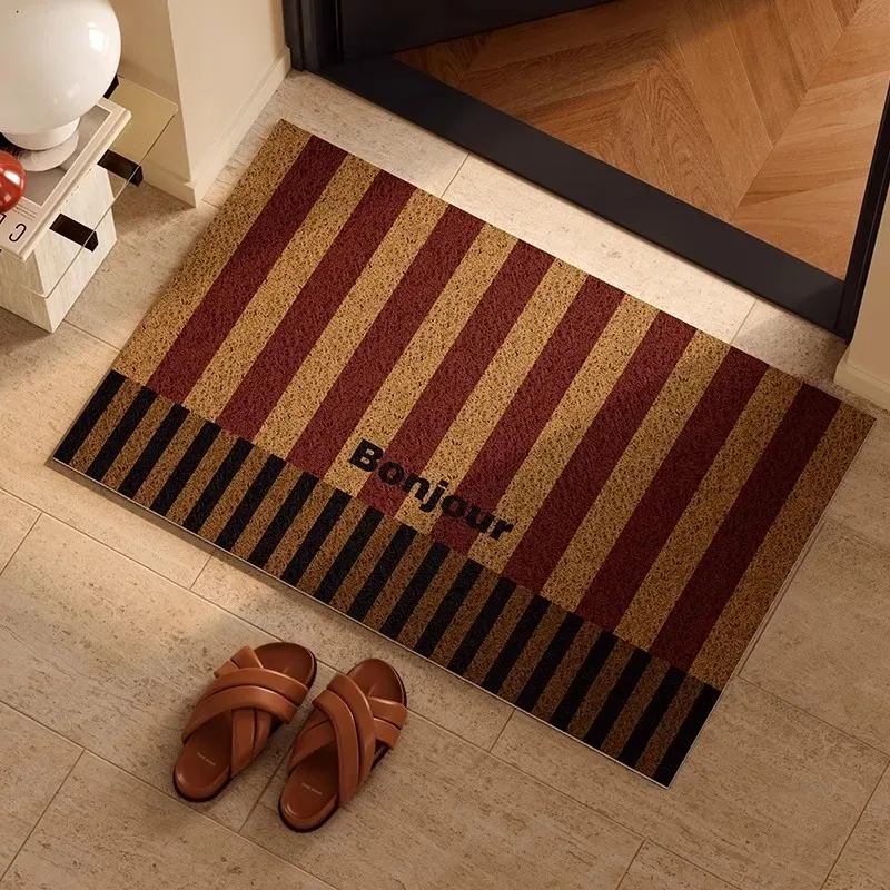 Retro Vertical Stripe Bonjour Letter PVC Loop Doormat Cuttable Dust Removal Non Slip Wear Resistant Floor Rug Door Entryway