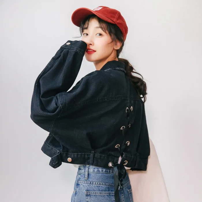 Vintage Short Black Denim Jackets Women Spring Korean Fashion Preppy Style Lace-up Jeans Coats Casual Loose Female Outerwear