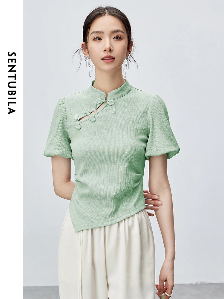 

SENTUBILA Chinese Button Short T-shirt Women's Summer Tee Shirts 2024 Retro Chinese Fashion Lantern Short Sleeve Top W42T54870