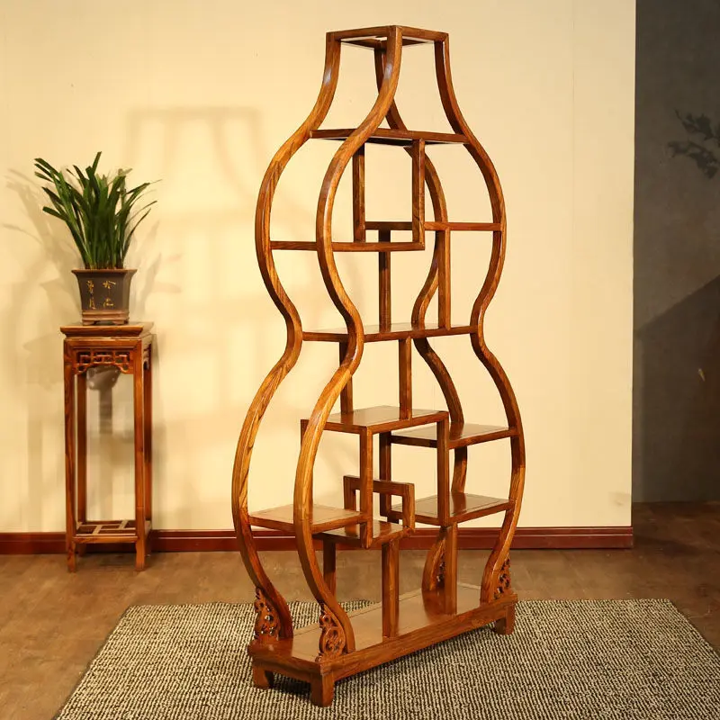 Custom. [Deft Design] Gourd Antique Shelf Solid Wood Small Ornaments Tea Cabinet Rack Storage Rack Exhibition Living