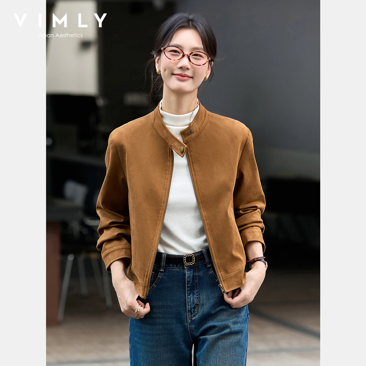 

VIMLY женская замшевая кожаная куртка, винтажное коричневое короткое пальто с воротником-стойкой на молнии, осень 2024, повседневная женская верхняя одежда на пуговицах A2635