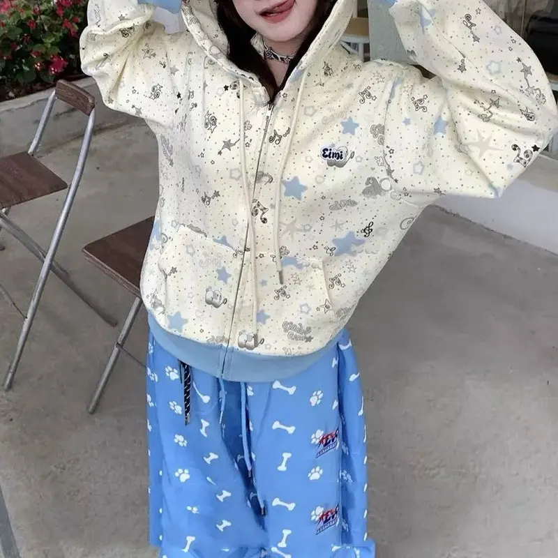 

Cute Cartoon Printed Loose Hoodies Autumn Winter Fleece Hooded Women's Clothing Zipper Chic Three-dimensional Ears Sweatshirts