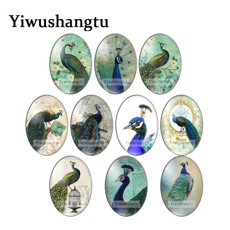 Lovely peacock vintage animals paintings 13x18mm/18x25mm/30x40mm Oval photo glass cabochon demo flat back Making findings