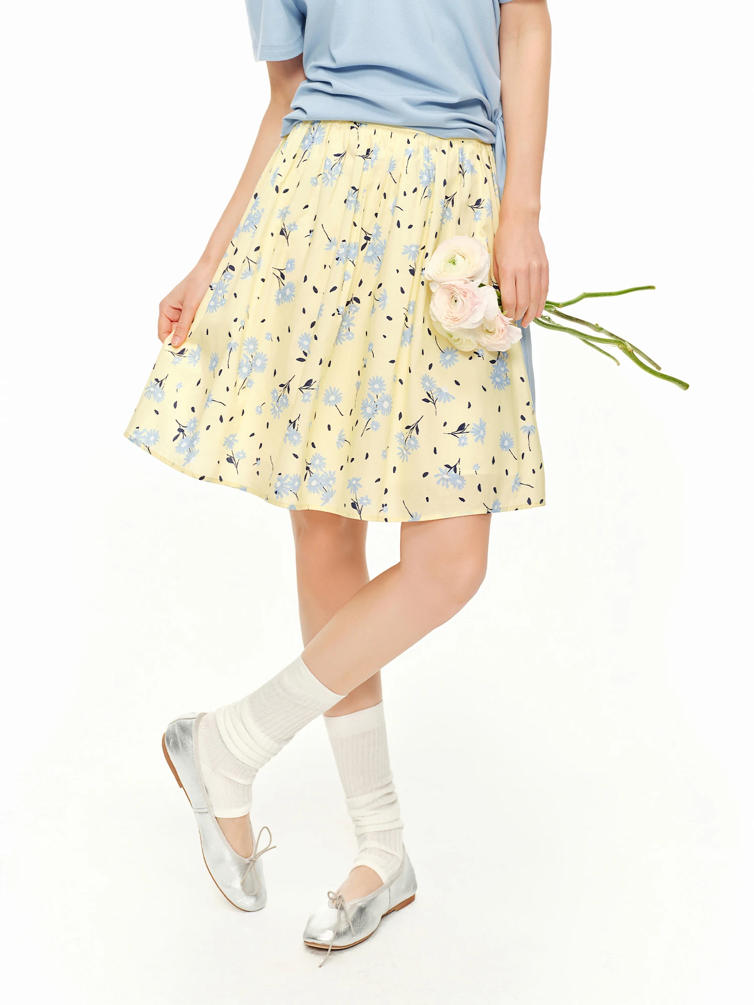 DUSHU Chic Daisy Yellow Printed A-Line Hem Skirt High-Waisted Mid-Length Women's Summer Dress 2026 New Arrival Cotton Skirts