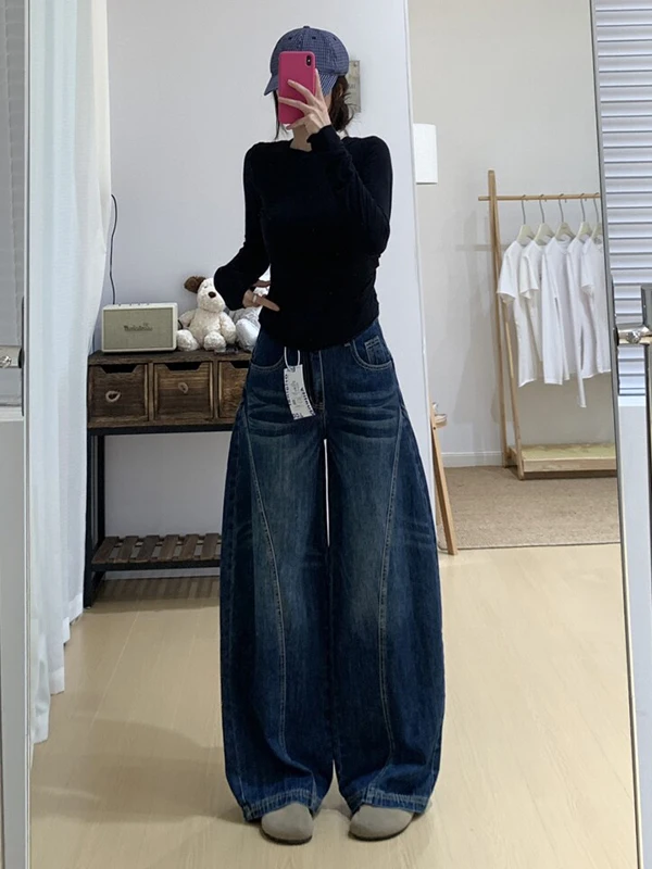 

Широкие джинсы с высокой талией, женские осенние свободные брюки прямого кроя длиной до пола с ножом, американские брюки в стиле ретро