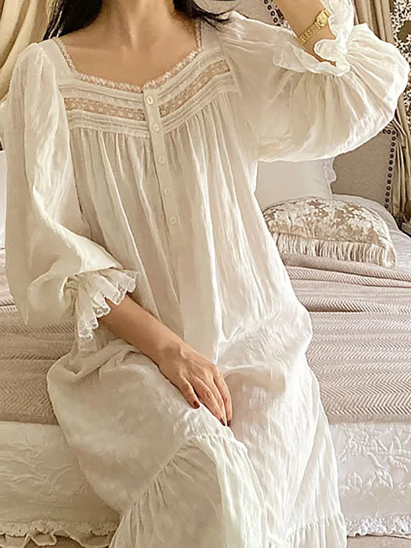 Damskie czystej bawełny Ruffles Vintage koszule nocne szata koronkowa wróżka z długim rękawem wiktoriańska księżniczka bielizna nocna słodka sukienka wieczorowa Homewear