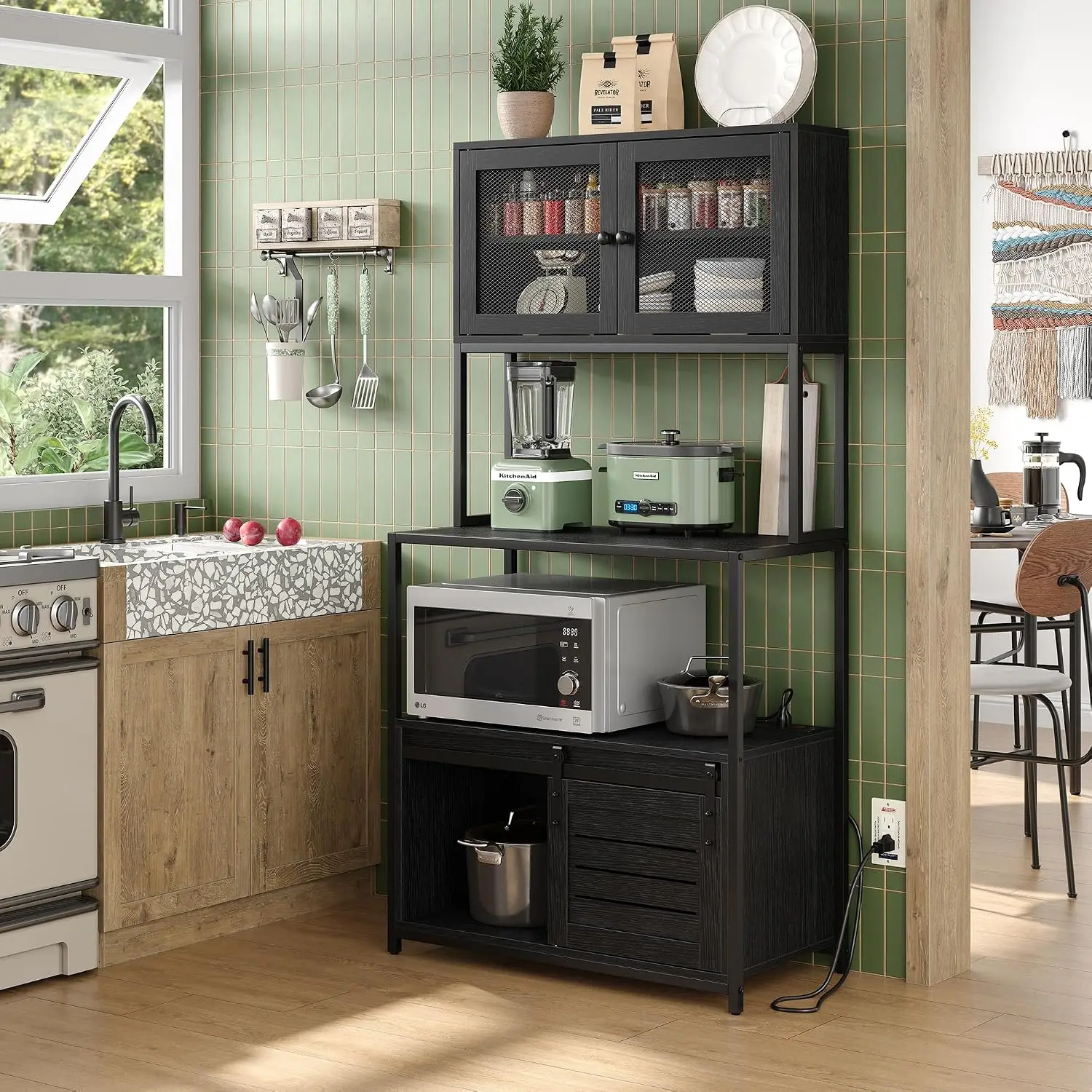 6-Tier Kitchen Bakers Rack with Power Outlet, Industrial Microwave Oven Stand with Shelves, Kitchen Utility Storage Shelf