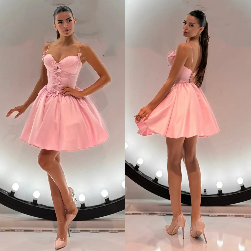 

Customized Sparkle Bow Pleat A-line Spaghetti Strap Short Dresses Quinceanera High Quality Modern Style Exquisite Classic