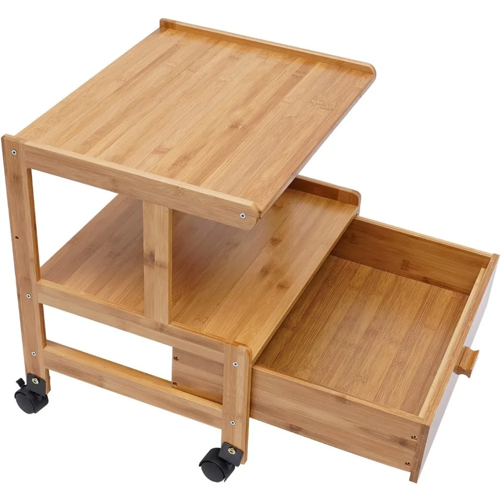 2 Tiers Wood Storage Cart with Wheels Drawer Office Printer Stand Office Rolling Cart Printer Cart for Office Library