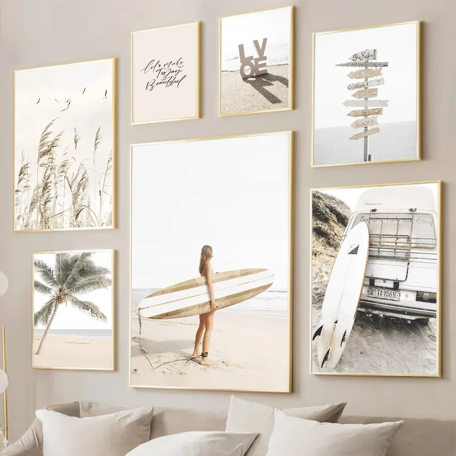 Summer Surf Landscape Beige Posters Canvas Painting Wall Art Pictures For Living Room Decor Beach Surfboard Starfish Reeds