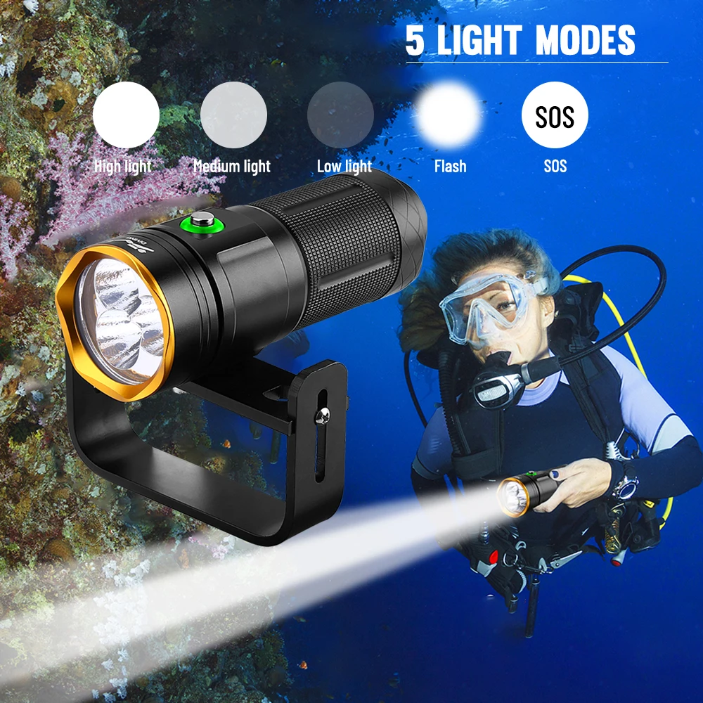 Asafee XHP50 LED Torch 4500LM White+Yellow SOS Light 100M Underwater Diving Flashlight IPX8 Waterproof Lamp Dive Lantern