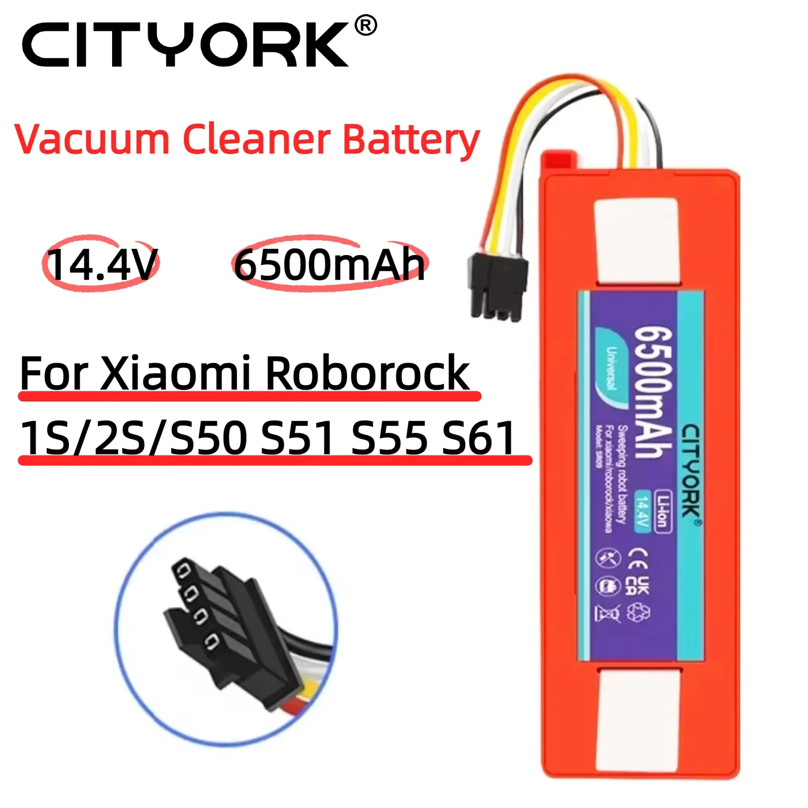 Batería de Aspiradora de 14.4V 6500mAh BRR-2P4S-5200S para Xiaomi Roborock S50 S51 S55 S61 S65 S50 Msx S55 Max 1S C10 E35