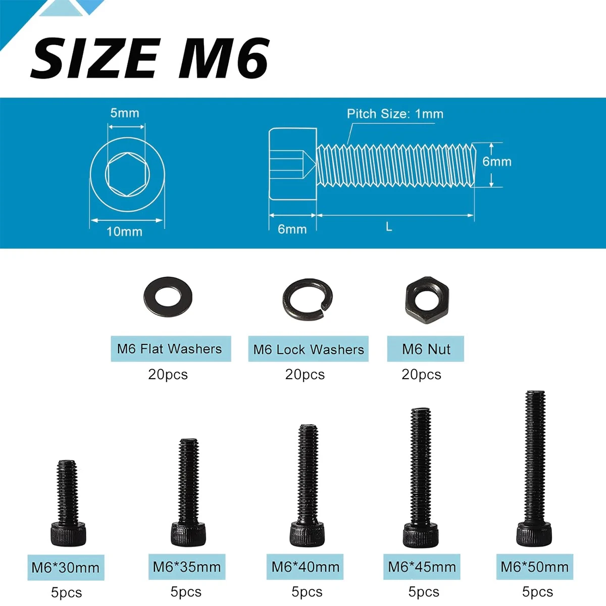 85Pcs 12.9 Grade Alloy Steel M6x30/35/40/45/50mm, Hexagon Socket Screw Washer Nut Combination Kit