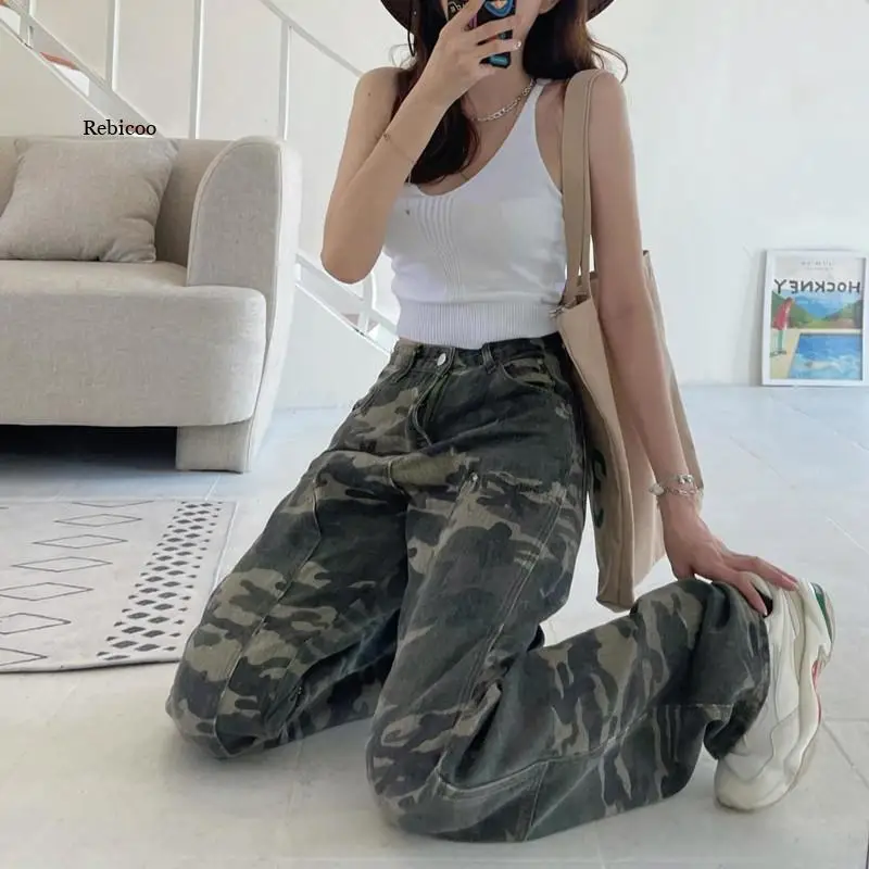 

Streetwear Camouflage Jeans Woman High Waist Cargo Pants Straight Jeans Fashion Straight Baggy Pants Casual Denim Trousers