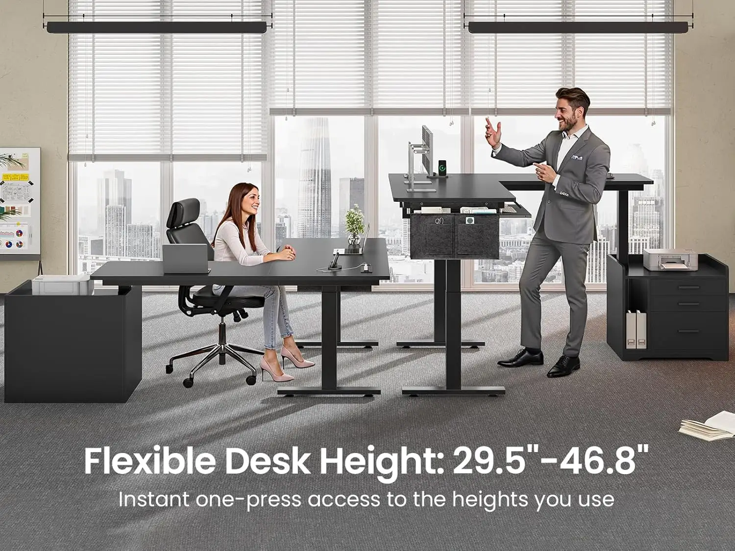 L Shaped Electric Standing Desk with File Cabinet, 63 x 53'' Height Adjustable Home Office Computer Desk with Drawers, Po