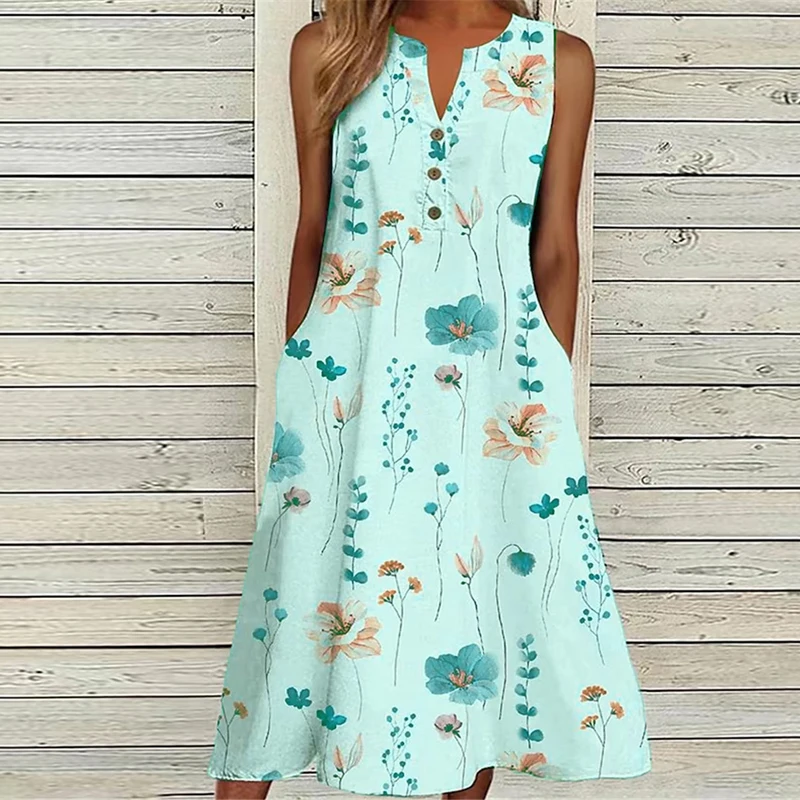 Office Fashion V-neck Button-up Midi Dress Women Casual Sleeveless Pocket Party Dress Summer Elegant Floral Print Beach Dress