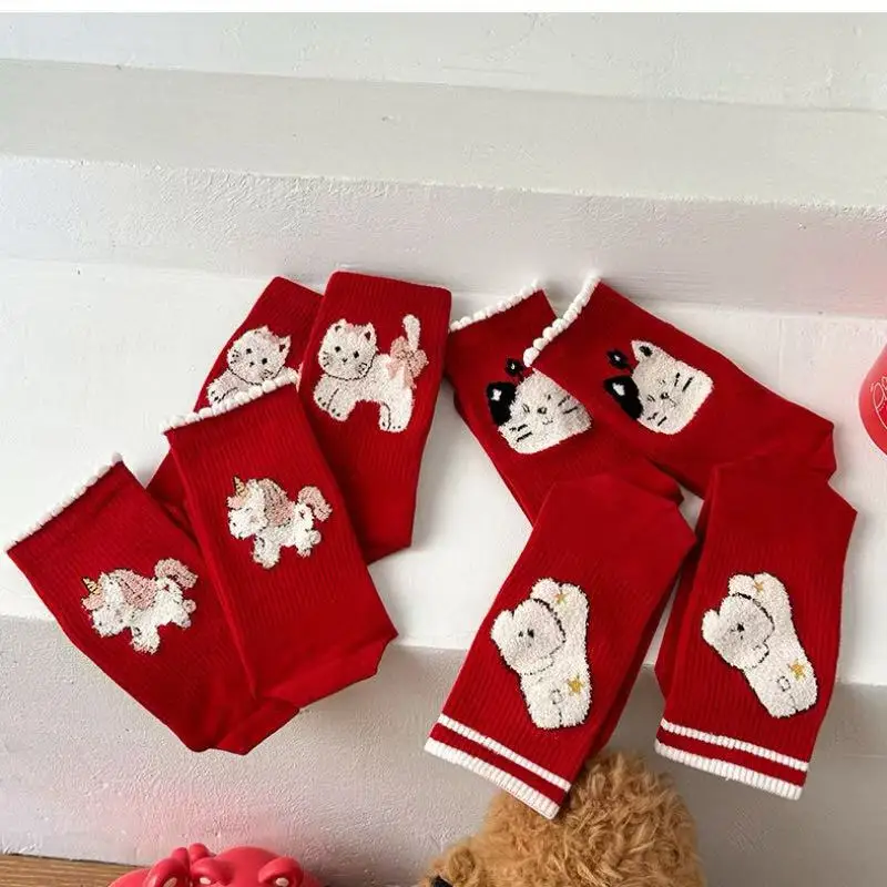 Red cartoon three dimensional women's mid calf socks for autumn and winter, New Year, lucky dog, big headed cat, Christmas