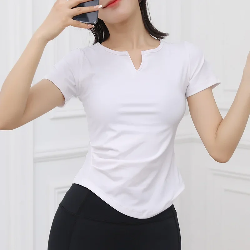 

Women Yoga Shirt Short Sleeve T-Shirt V-Neck Sport Tops Pleated Curved Hem Running Shirt Quick Dry Gym Fitness Tee Blouse Female