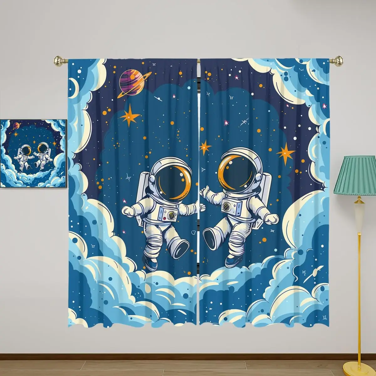 Cute Astronaut Blackout Curtains for Girls Boy Home Decor, Funny Spaceman Space Cartoon Planets Rod Pocket Thermal Insulated