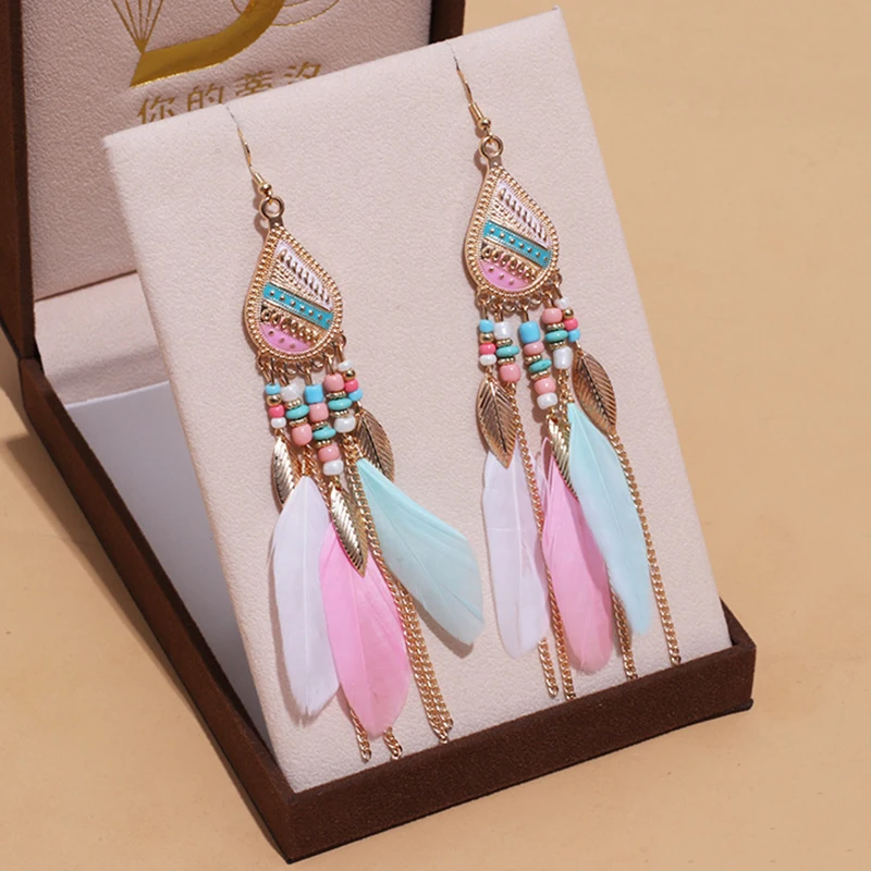 Bohemian Ethnic Long Feather Earrings Boho Water Drop Gold Color Chain Tassel Earrings for Women Bride Wedding Party Jewelry