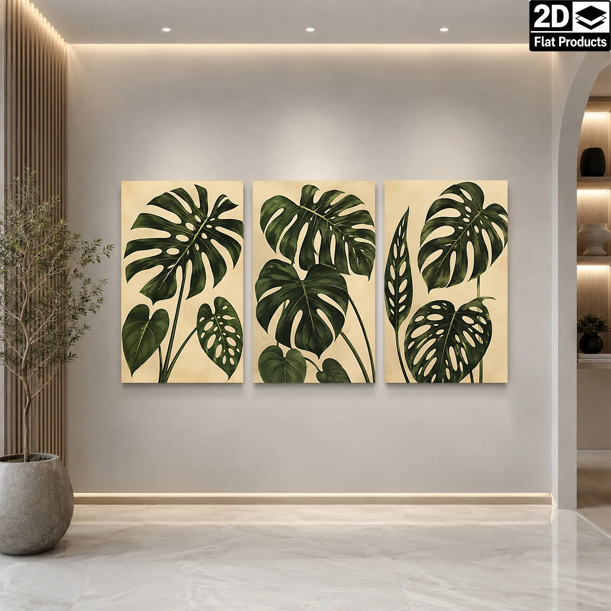 2D Flat 3PCS - Three canvas prints with green tropical leaves on beige background. Themed Canvas Wall Art, Waterproof Prints