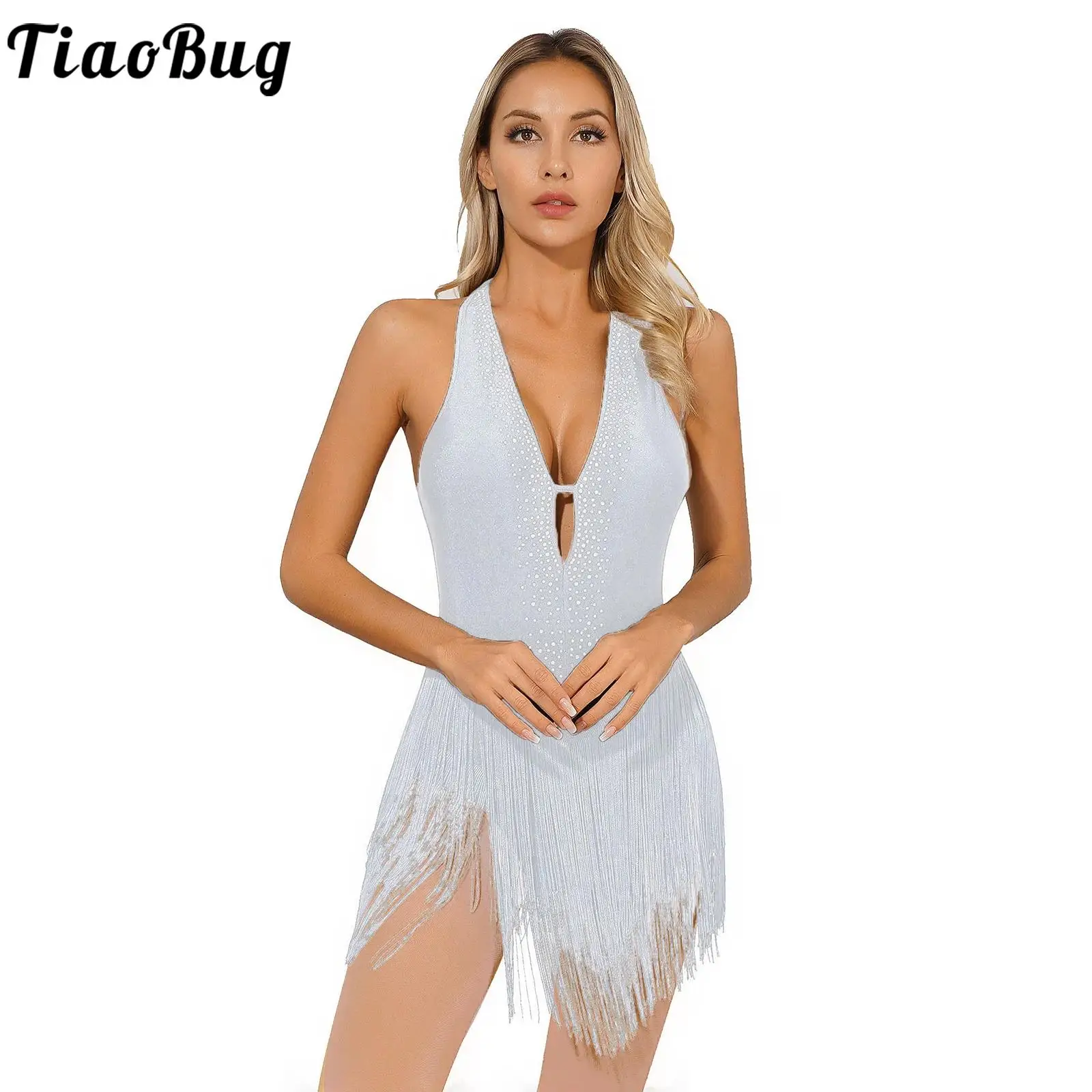 Tassel Latin Dance Costume for Womens Fringes Leotard Samba Dress Sexy Deep V Neck Backless Tango Jazz Dancing Dresses