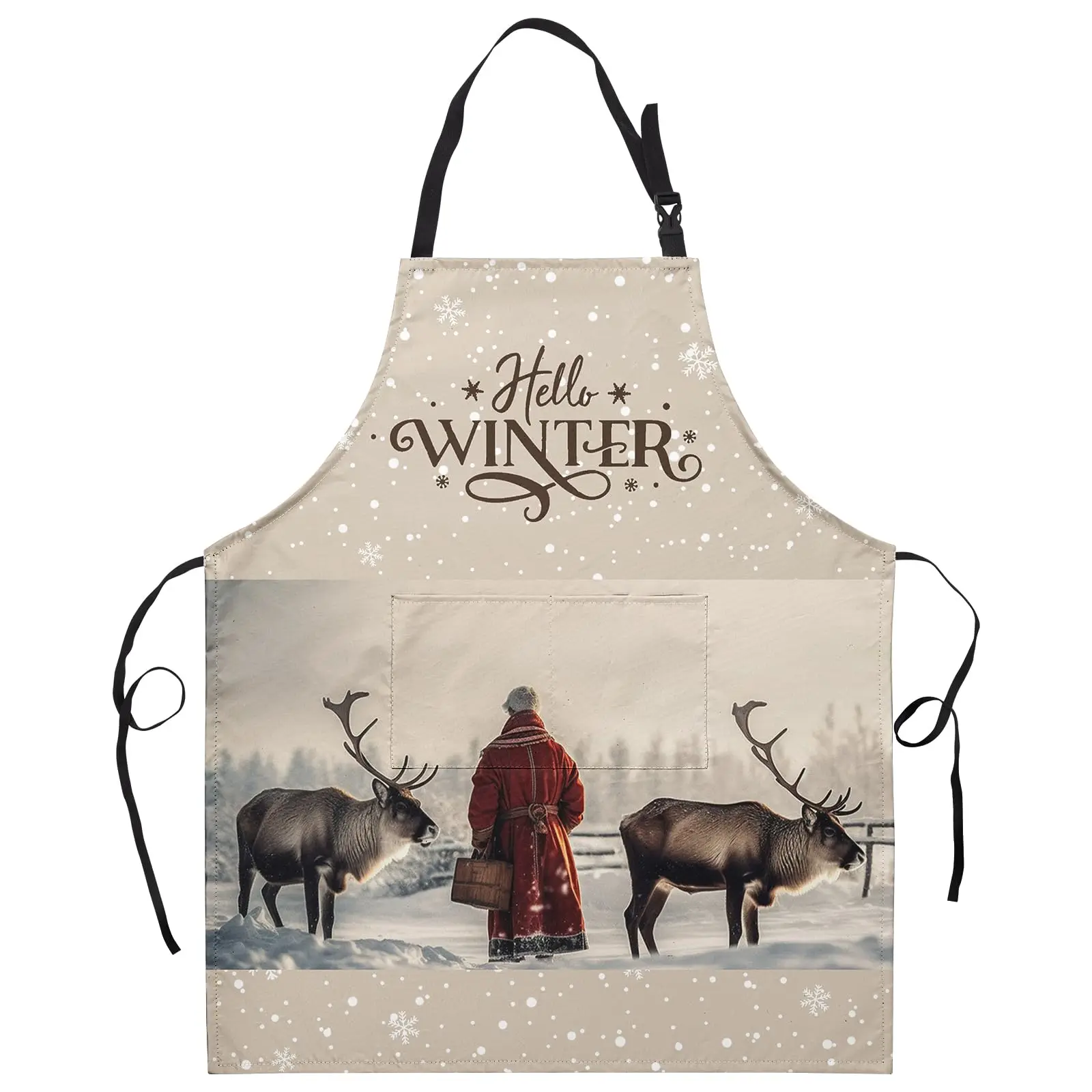 

Christmas Winter Kitchen Aprons with Pockets Adjustable Strap Waterproof Snowflakes Aprons Red Chef Apron