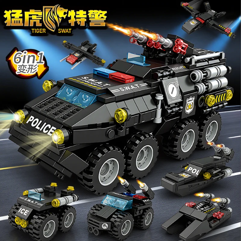 مدينة اللبنات العسكرية مجموعة النمر SWAT مركبة مدرعة سيارة نماذج من الشاحنات الأولاد DIY ألعاب البناء عيد الميلاد هدية عيد ميلاد