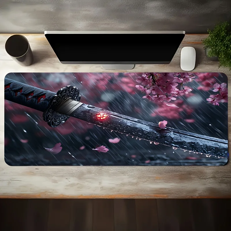 Samurai Sword Sakura Desk Mat Extra Large Gaming Mouse Pad Non-Slip Rubber Computer Mat for Gamers