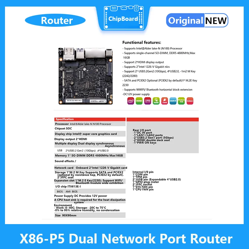 X86-P5 Roteador de rede dupla, minicomputador N100, 6W, suporte ao processador Intel Alder Lake-N