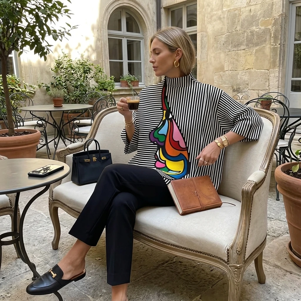 UOOZEE Fashion Women Striped Printed Stand Collar T-Shirts 2026 New Spring Summer Loose Casual Going Out Korean Style Tops view 3