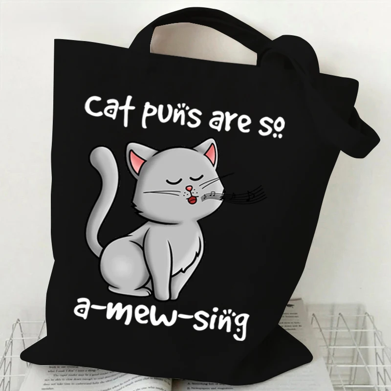 Canvas Women's Bag Large Capacity Shoulder Bag Animal Puns Cat A-Mew-Sing Anime Cartoon Student Purses and Handbags Shopping