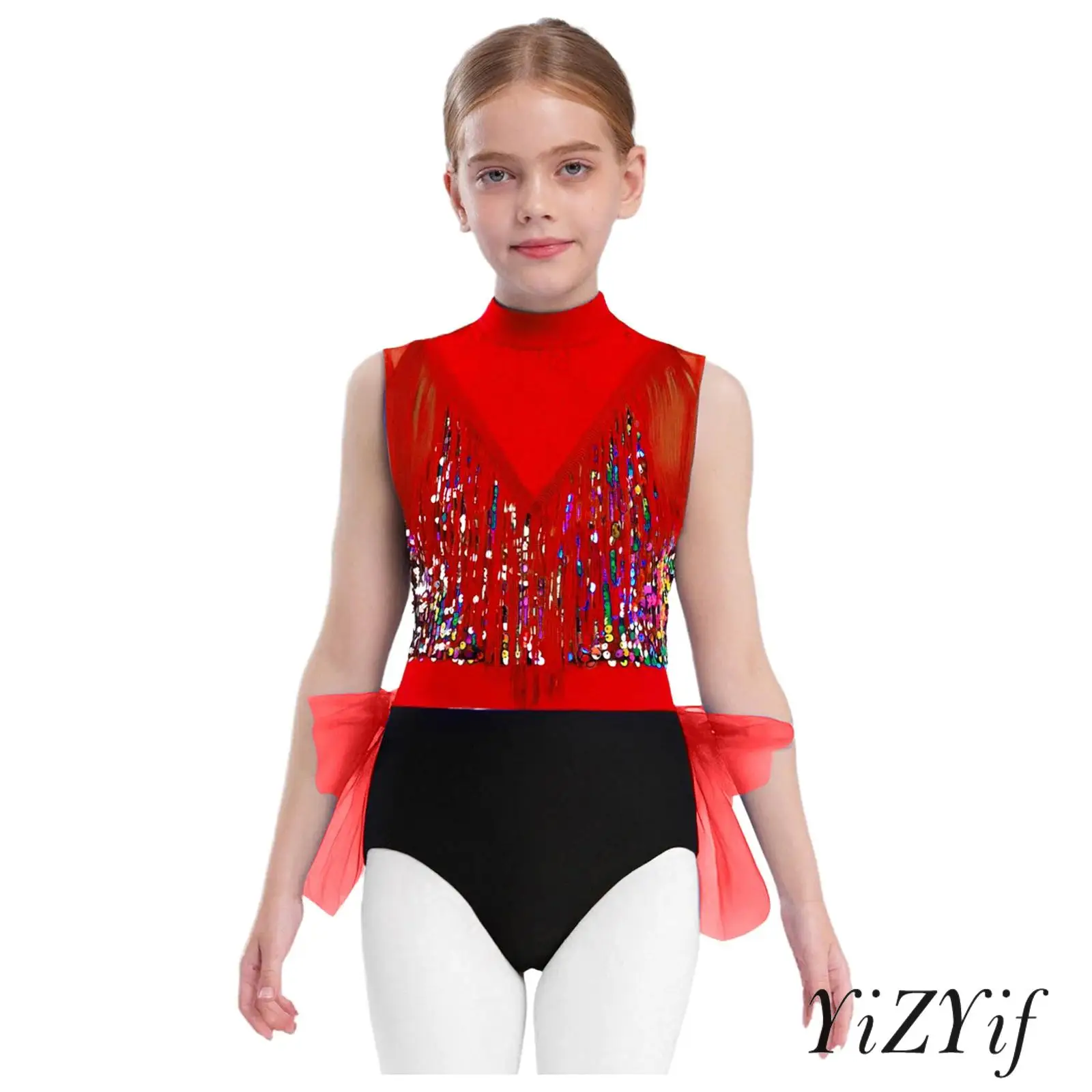 

Kids Girls Sparkle Dance Costume Trendy Cutout Back Tulle Skirt with Eye-Catching Sequin Tassels Latin Jazz Dance Dress Leotard