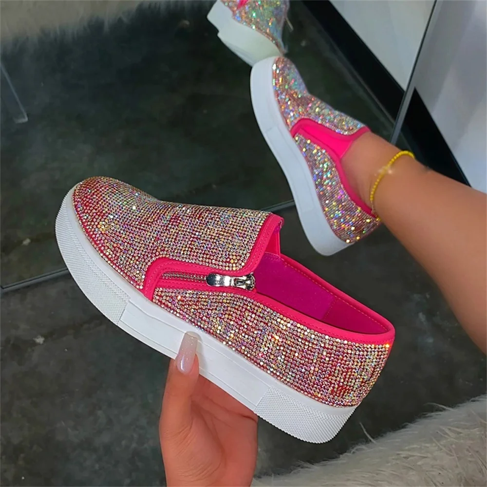 New Rhinestone Shoes Women 2024 All Season Daily Ladies Zipper Slip On Comfy Casual Sneakers Outdoor Running Walking Sport Flats