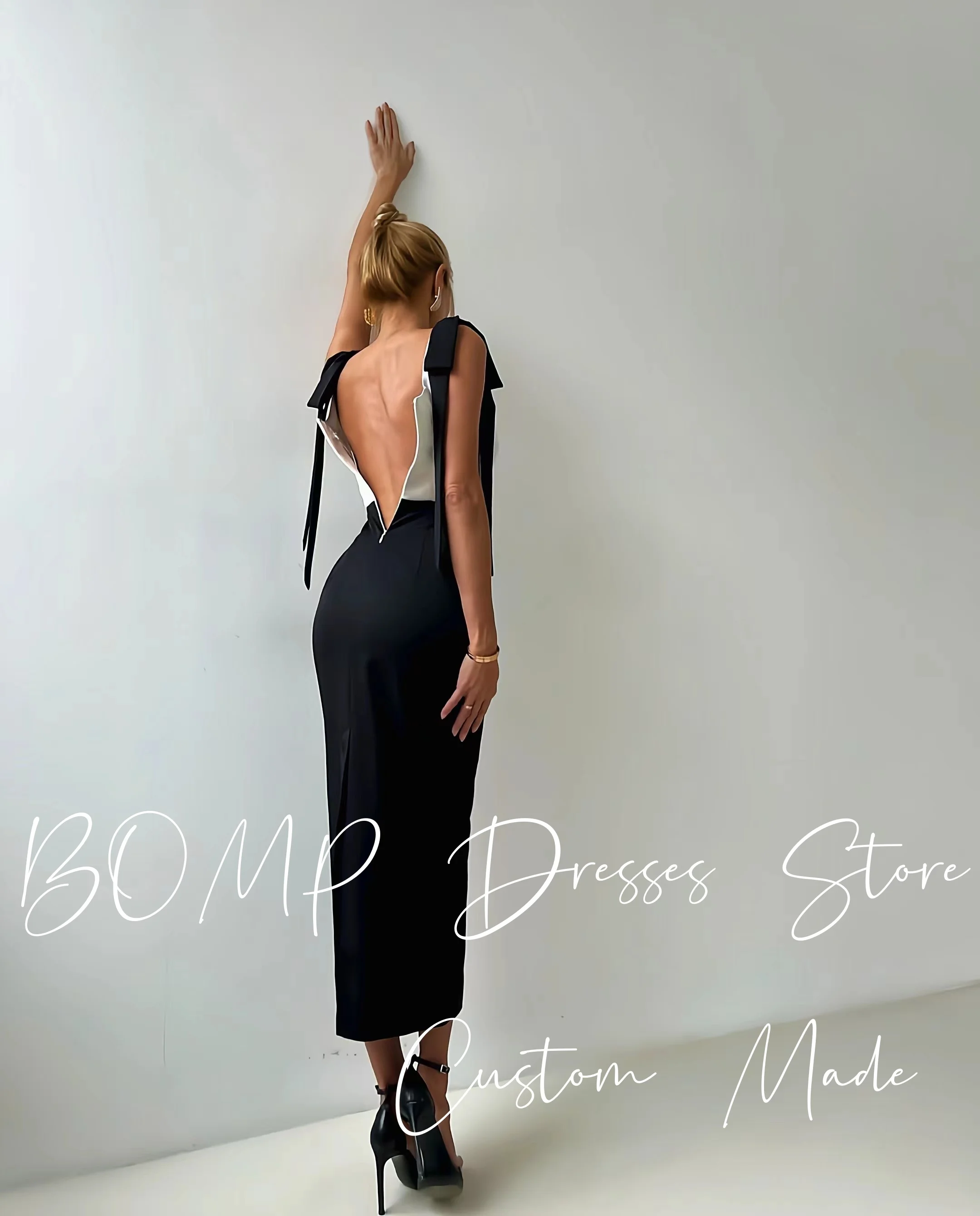 BOMP – robe de soirée moderne contrastée, avec nœud en cœur, bretelles Spaghetti, droite, longueur cheville, en Satin, robes de soirée formelles personnalisées
