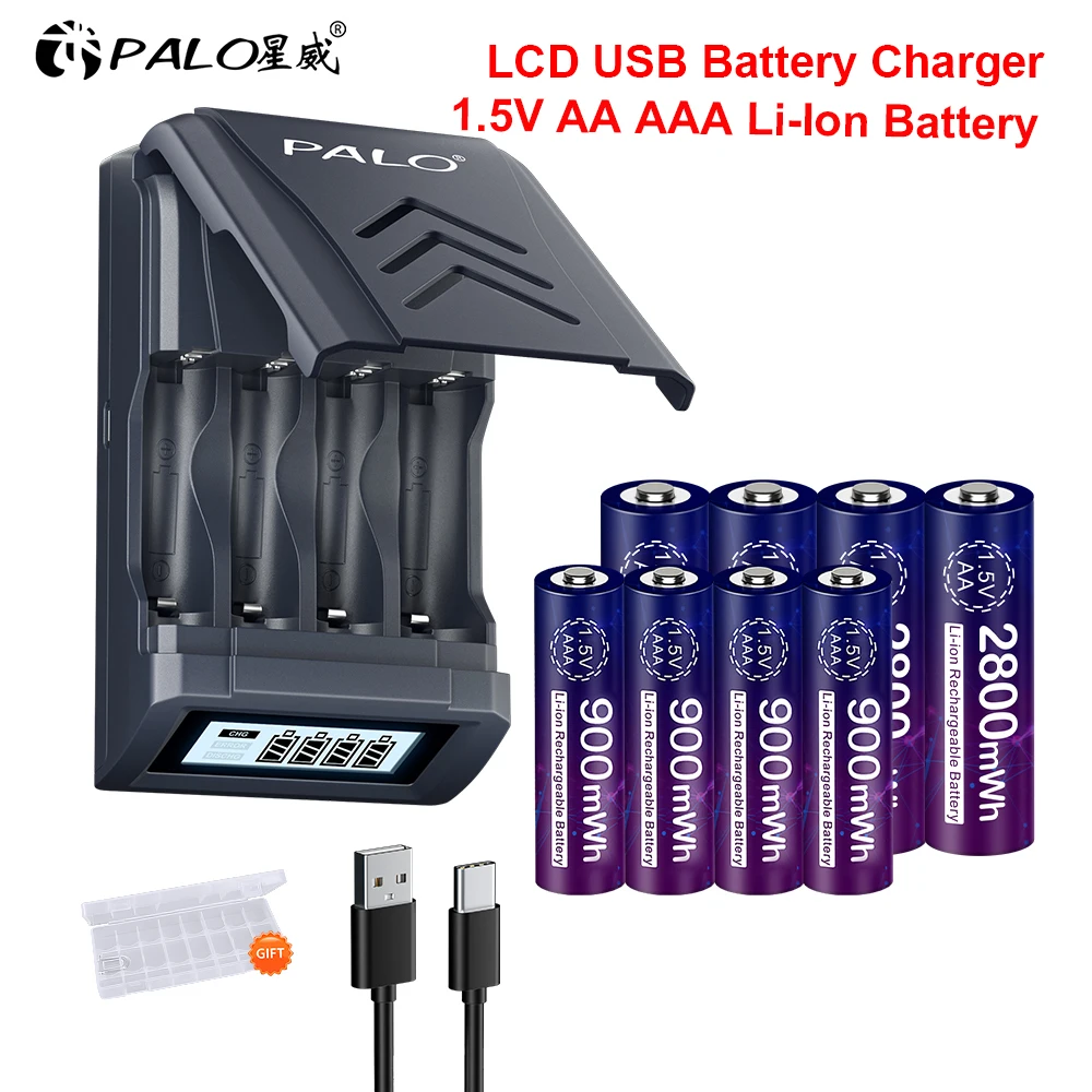 PALO 1.5V AA AAA Li-Ion Battery 1.5V AA+AAA Rechargeable Lithium ion Batteries Low self discharge 2A 3A Battery With Charger