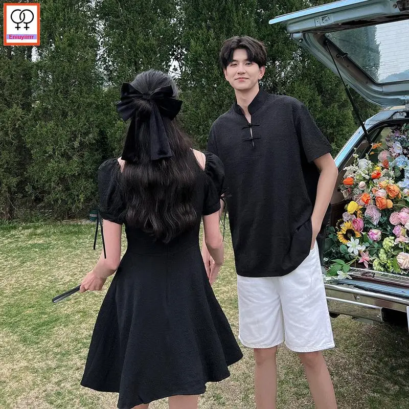 Matching Couple Clothes 2023 Holiday Honeymoon Summer Outfits Date Girls Boyfriend Female Male Lovers Retro Couple Shirt Dress